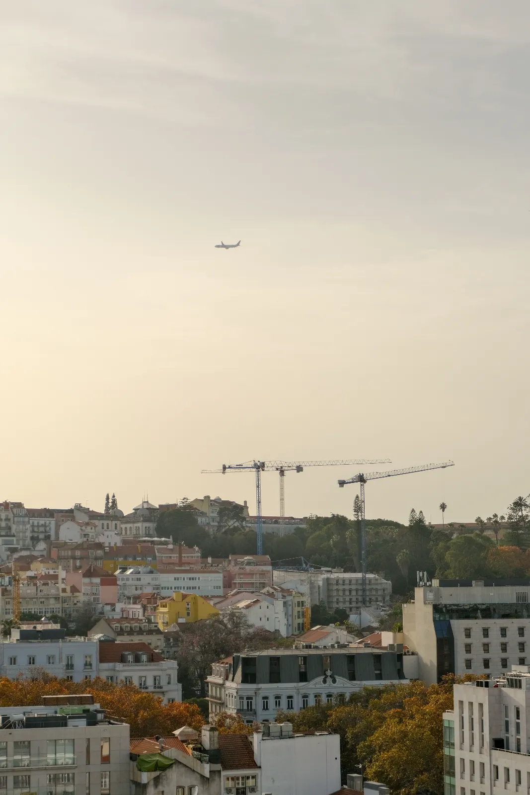 Tower cranes above the rooftops of Lisbon, Portugal